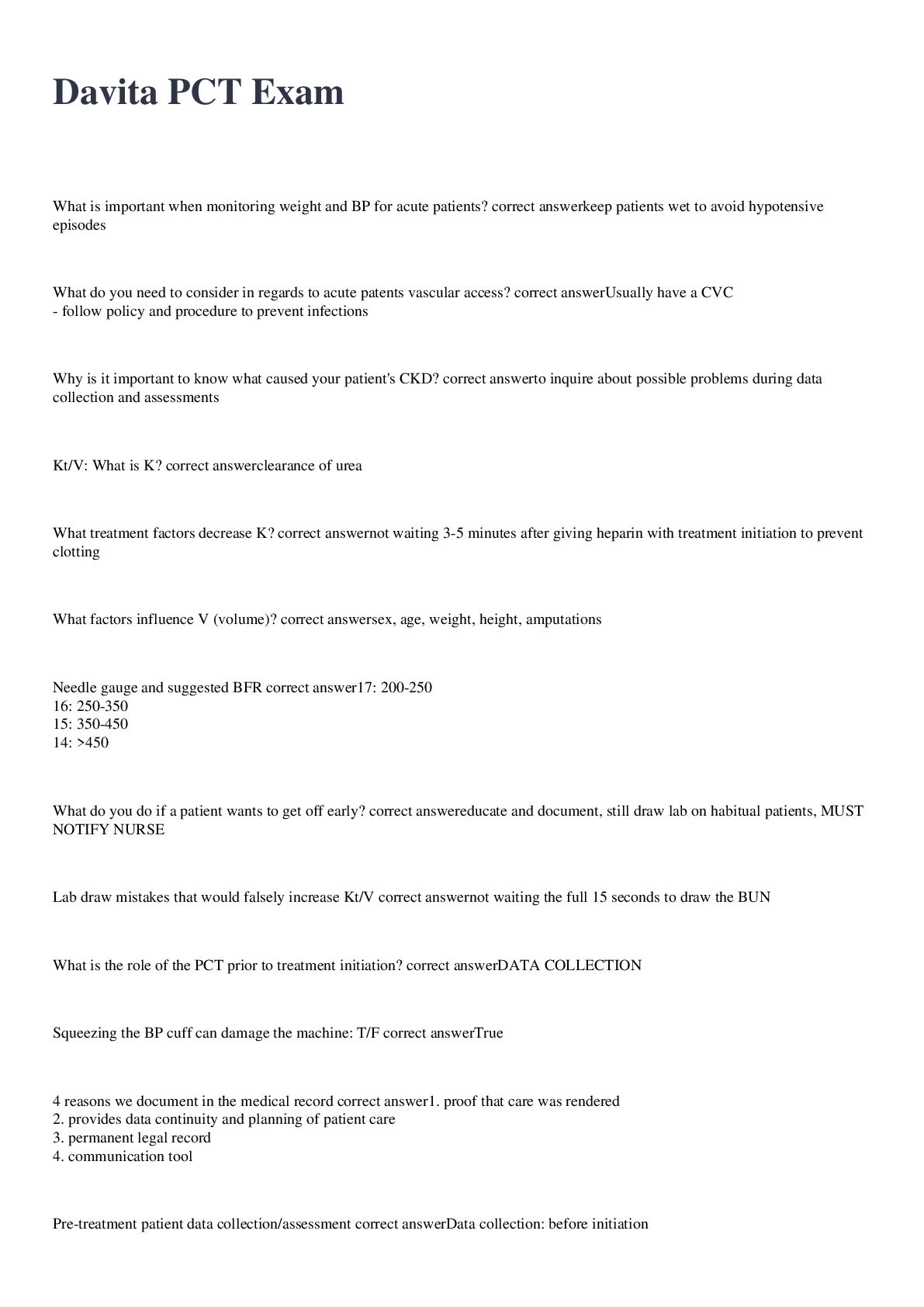 Preview image for Davita PCT Exam 2022/2023 with 100% correct answers